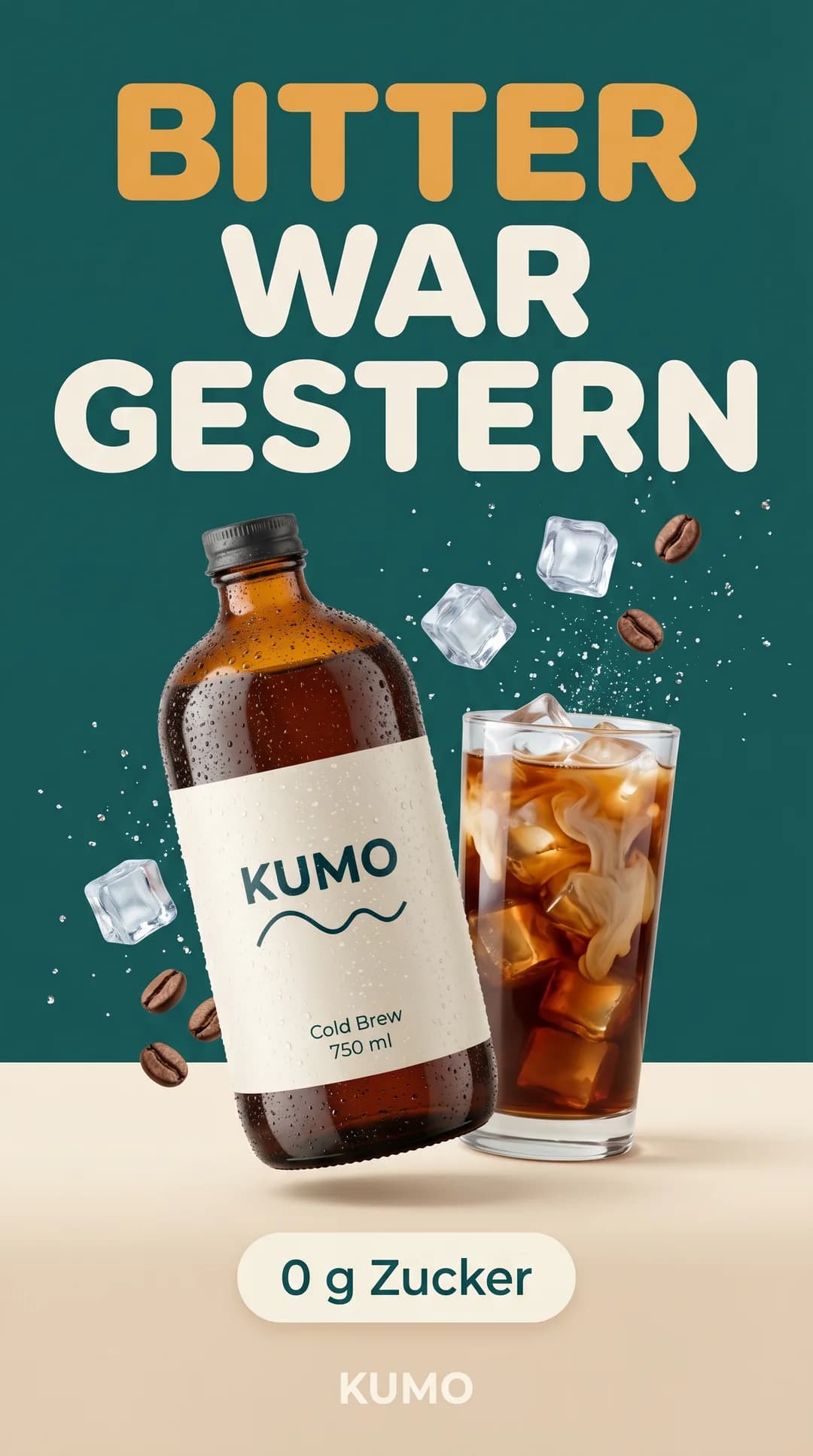 TikTok-Motiv im Hochformat für die erfundene Demo-Marke KUMO, mit Torch erzeugt: Cold-Brew-Flasche und Eiskaffee zwischen Eiswürfeln und Kaffeebohnen