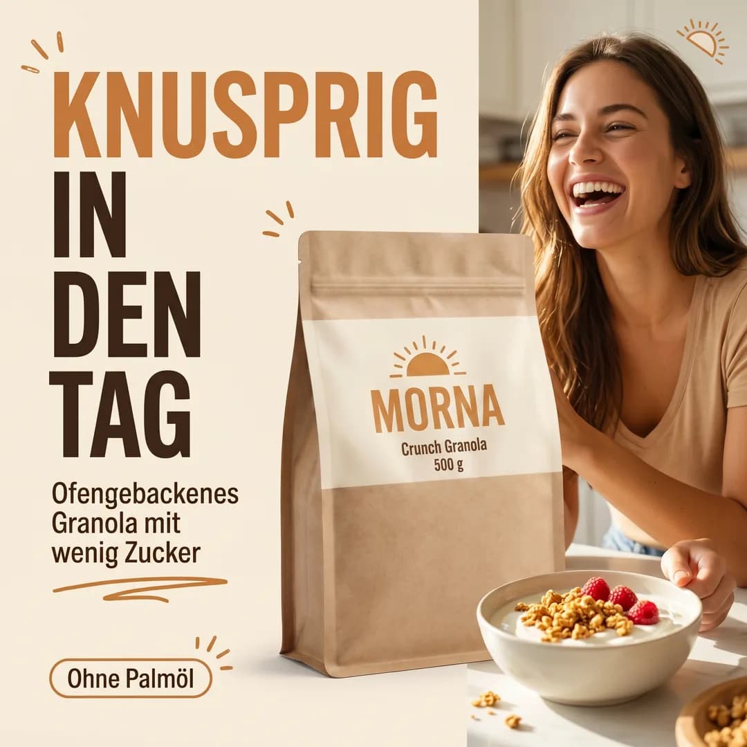Amazon-Produktbild für die erfundene Demo-Marke MORNA, mit Torch erzeugt: Granola-Beutel und Frühstücksschale, dahinter eine lachende Frau