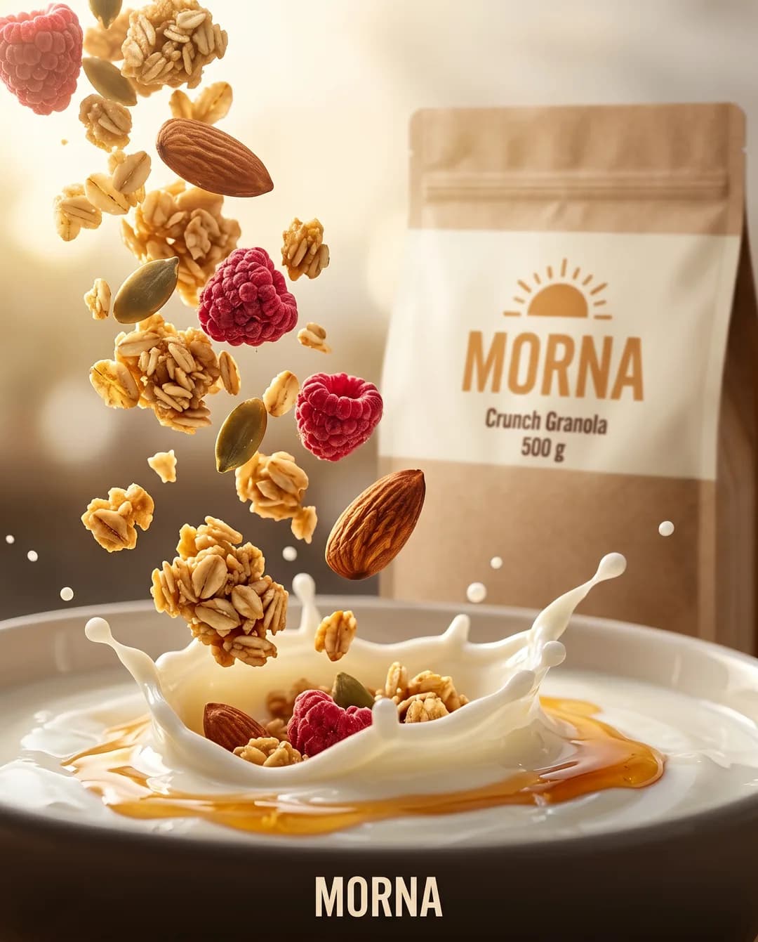 Social-Media-Motiv für die erfundene Demo-Marke MORNA, mit Torch erzeugt: Granola, Himbeeren und Mandeln fallen in eine Schale Joghurt, dahinter der Beutel
