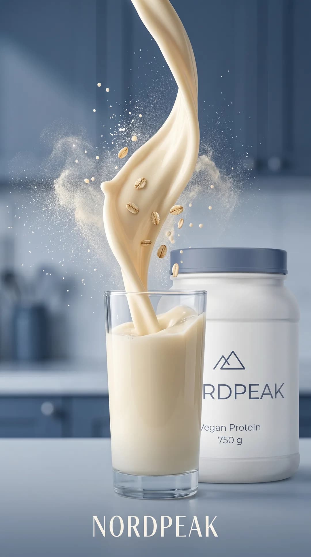 TikTok-Motiv im Hochformat für die erfundene Demo-Marke NORDPEAK, mit Torch erzeugt: Proteinshake fließt in ein Glas, daneben die Dose
