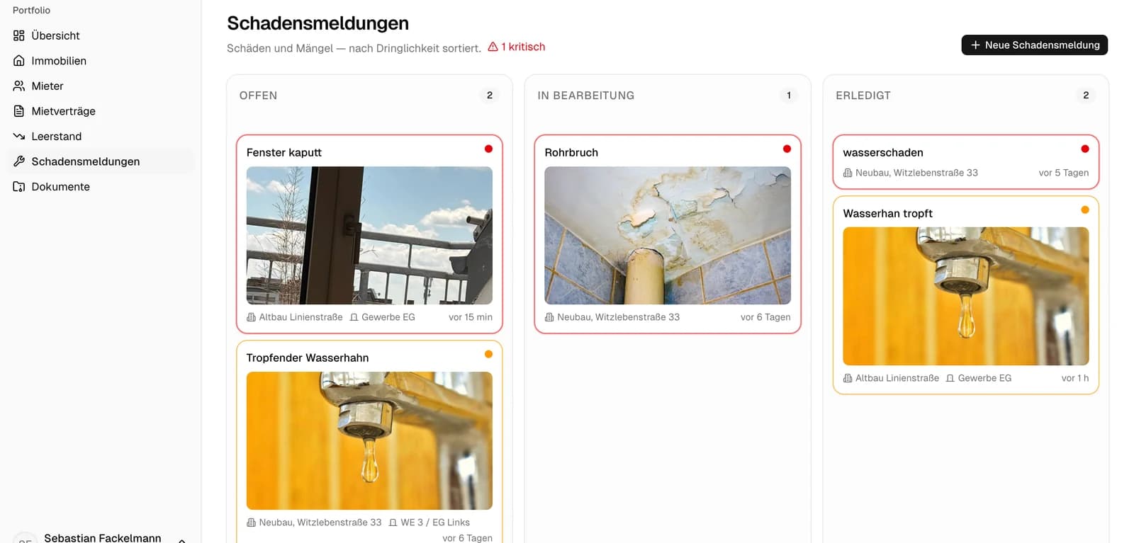 Schadensübersicht mit Fotos, Adresse und Dringlichkeitsstufe pro Meldung