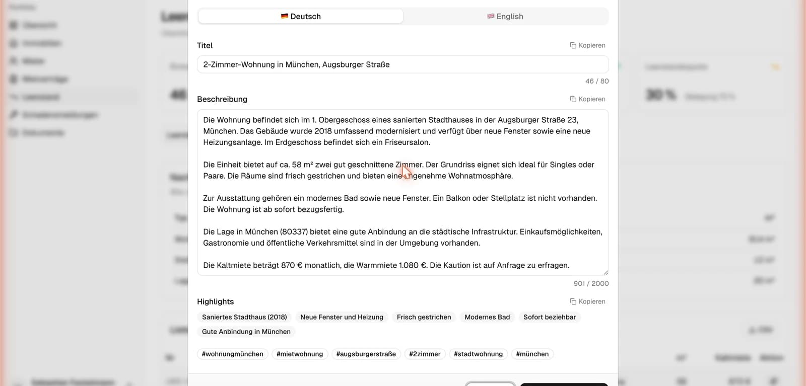 Von der KI erstelltes Inserat mit Titel, Beschreibung und Highlights