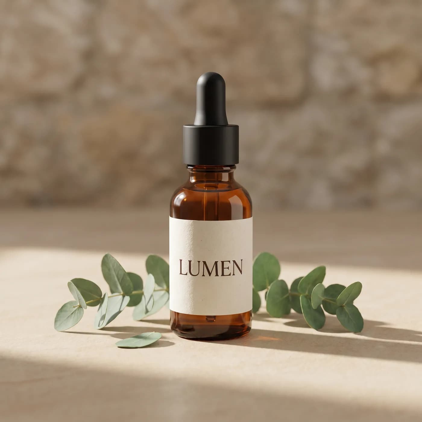 KI-generierte Lifestyle-Aufnahme eines Serums auf Stein mit Eukalyptus